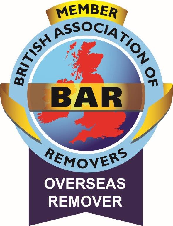 British Association of Removers (BAR) Overseas Remover member logo featuring a red UK map inside a blue circle with a gold ribbon banner at the top and the words “Overseas Remover” on a purple ribbon below.